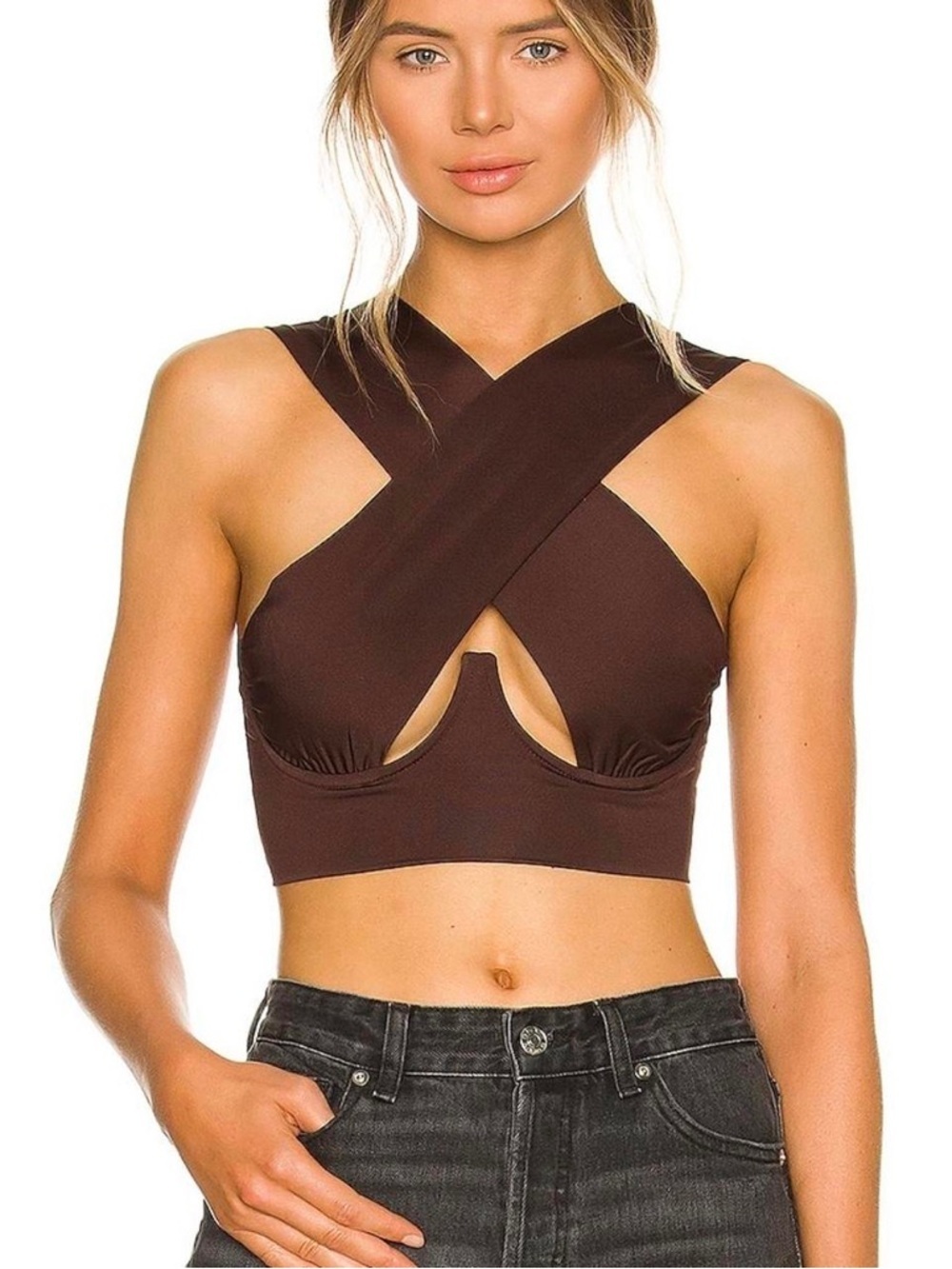 superdown Chocolate Brown Cross-Front Crop Top